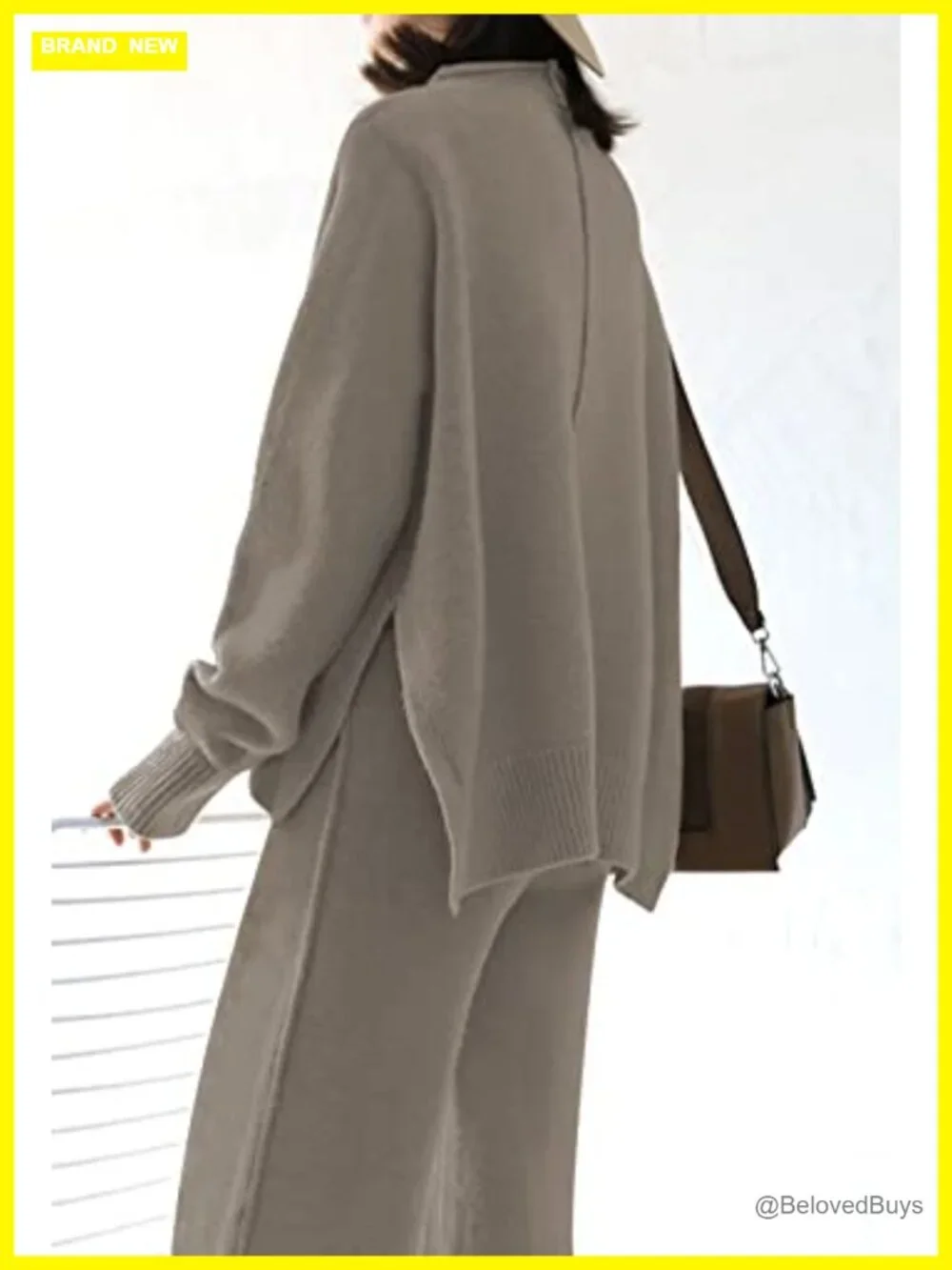 2 Piece Sweater Set High Neck Top Wide Leg Pants Loungewear - Picture 5 of 7